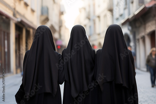 Back view of group of three women covered with black Muslim Niqab face veil in city street
