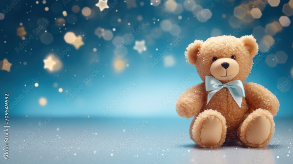 An adorable teddy bear with a blue bow tie against a magical sparkling blue background, perfect for a gift or decoration. An adorable teddy bear with a blue bow tie against a magical sparkling blue background, perfect for a gift or decoration.