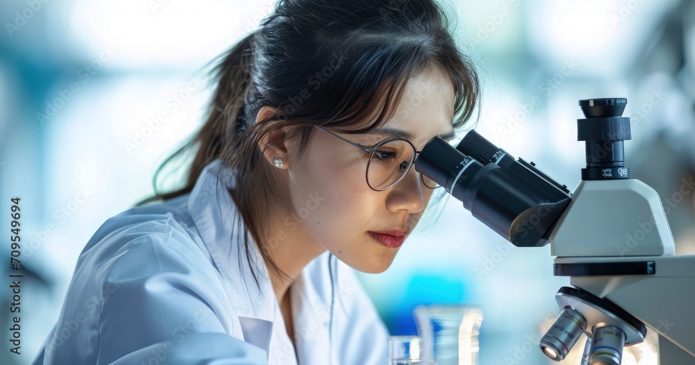 Fototapeta premium Laboratory research concept Female researcher using her microscope in a laboratory