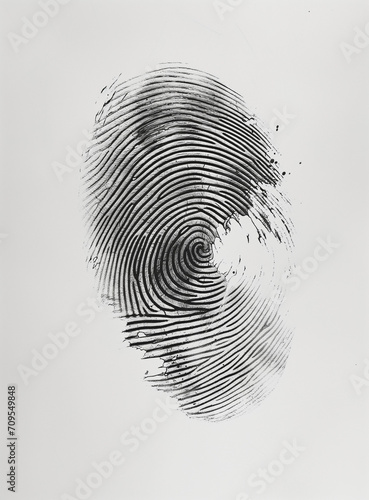 Detailed black fingerprint swirl on white background, forensic research and personal security concept, ideal for crime drama marketing photo