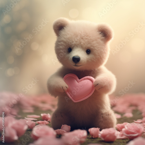 A beloved pink teddy bear with a heart of gold, snuggled among other plush toys in a cozy indoor setting