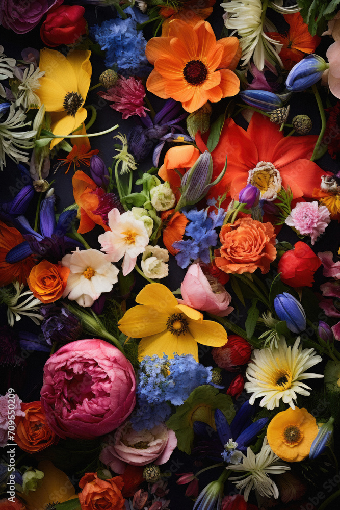 Colorful spring flowers bouquet on black background. Top view. Colorful spring flowers bouquet on black background. Top view.