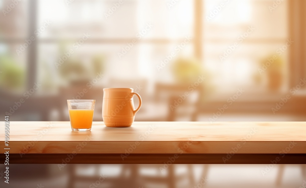 Orange cup of orange juice on wooden table in blurred background. Orange cup of orange juice on wooden table in blurred background.