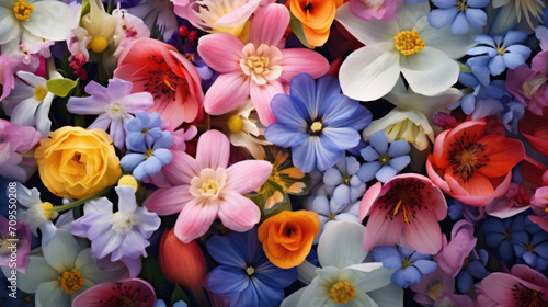 Colorful bouquet of spring flowers as background, top view.