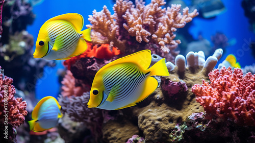 Yellow tangs and colorful fish in coral reef Pacific Ocean © tinyt.studio