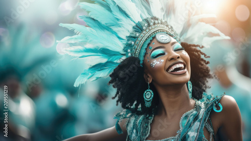 A vibrant and joyful woman in an elaborate carnival costume with blue feathers, celebrating with a dynamic and festive spirit.