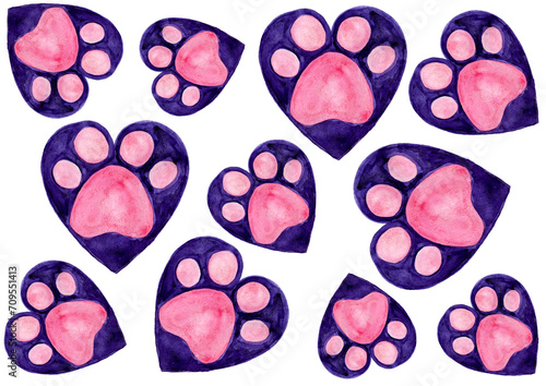 Pink pet paws in purple hearts. Different sizes. Chaotically located on a white background. Watercolor painting. Traces of animals. Cute decor. Pet friendly.