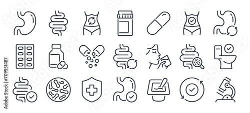 Digestion, intestine, stomach, and probiotics editable stroke outline icons set isolated on white background flat vector illustration. Pixel perfect. 64 x 64.