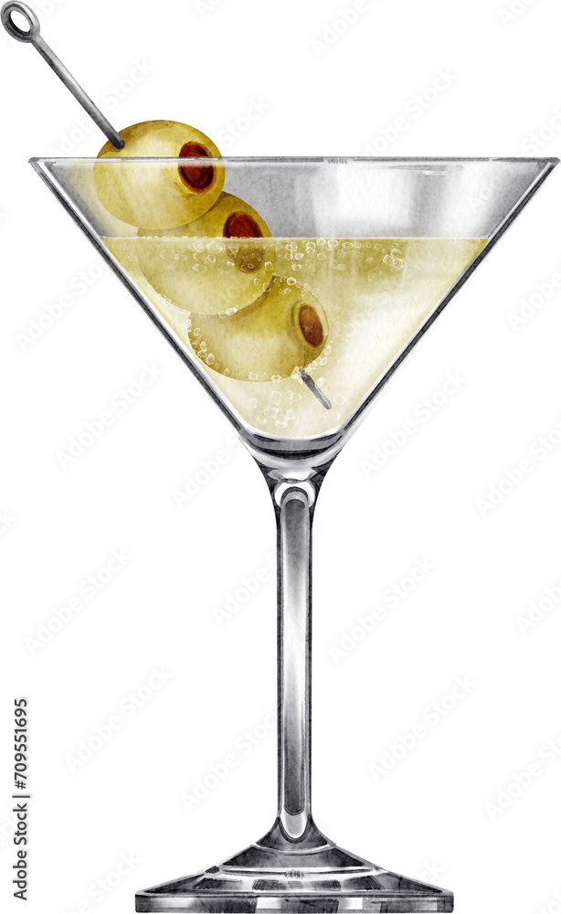 Martini with Olives Cocktail Watercolor
