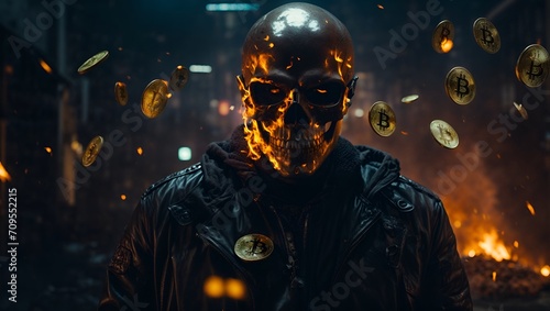 A skull man fire rounded by flying money and cryptocurrency in a cyberpunk background4