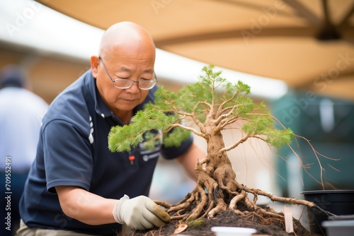 specialist examining bonsai roots during repotting session