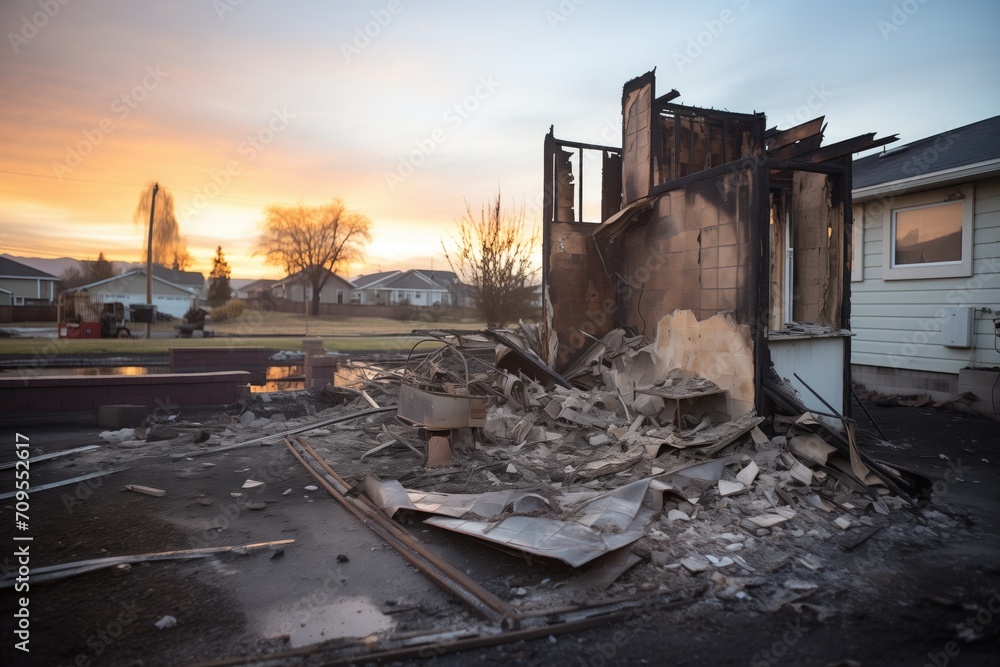 Fototapeta premium charred remains of a home postfire at dawn