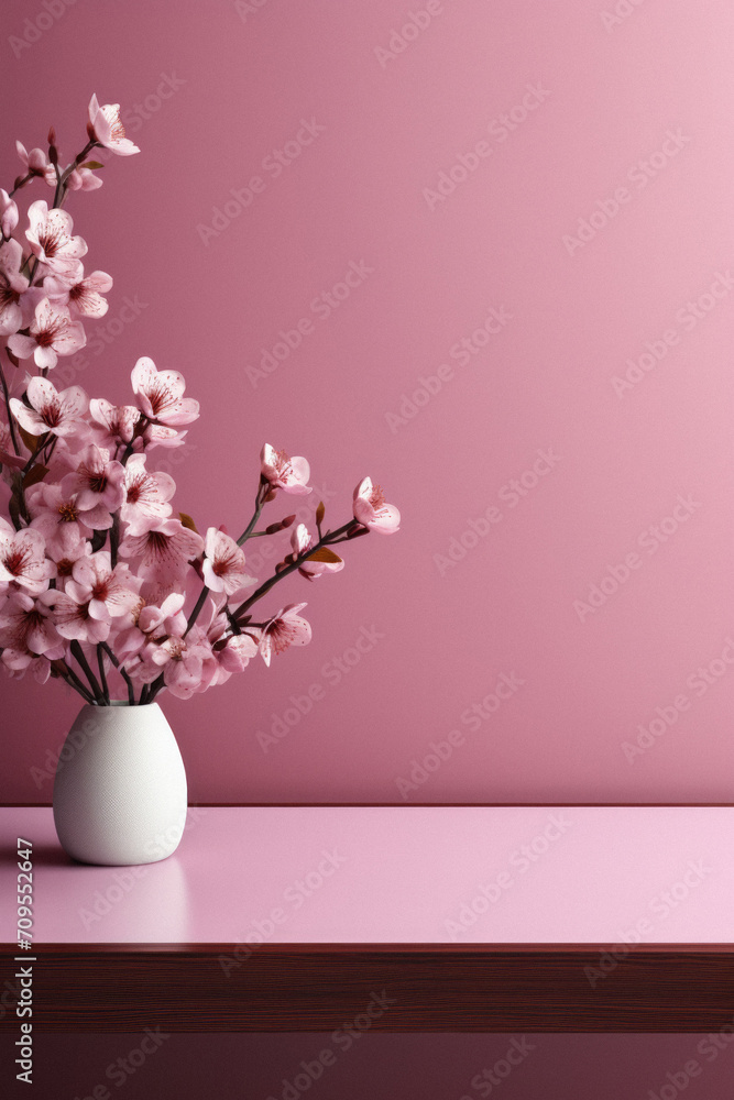 White vase with cherry blossom flowers on pink background. Mock up.