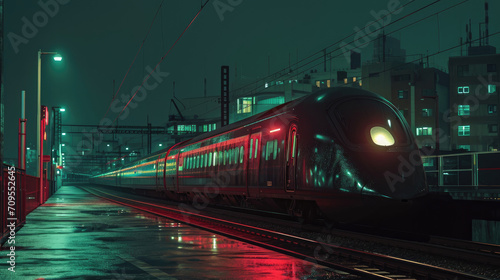 train in the city with neon color,train in the night,station at night