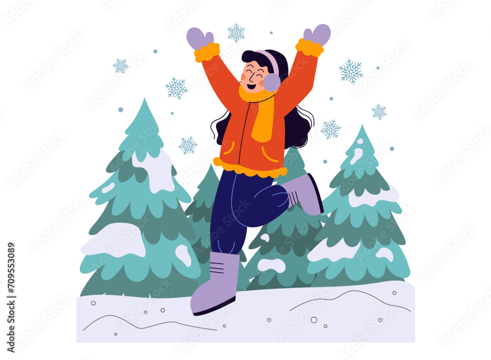 Winter Activity Concept Illustration. Girl Playing in Snowfall Winter Illustration Winter Activity Concept Illustration. Girl Playing in Snowfall Winter Illustration