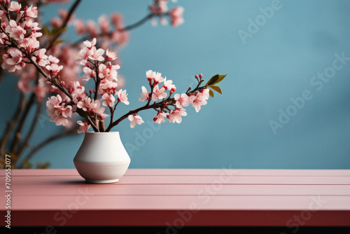 Pink sakura blossom in vase on wooden table with blue background.