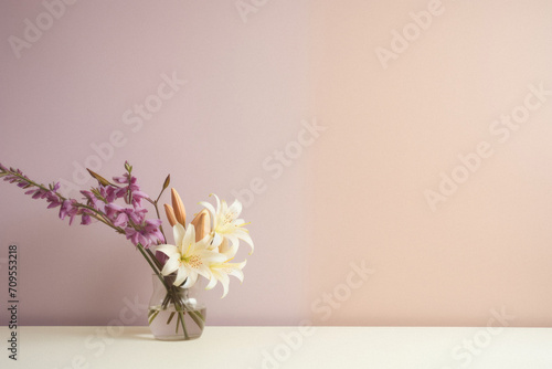 Beautiful lily flowers in vase on table against color wall.