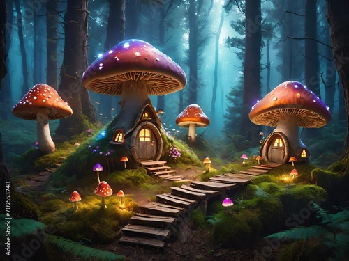 Mushrooms house in the forest. Fantasy theme. Generative AI.