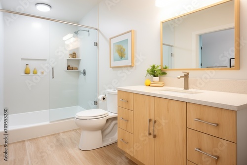 stylish bathroom with lowflow fixtures and cork flooring