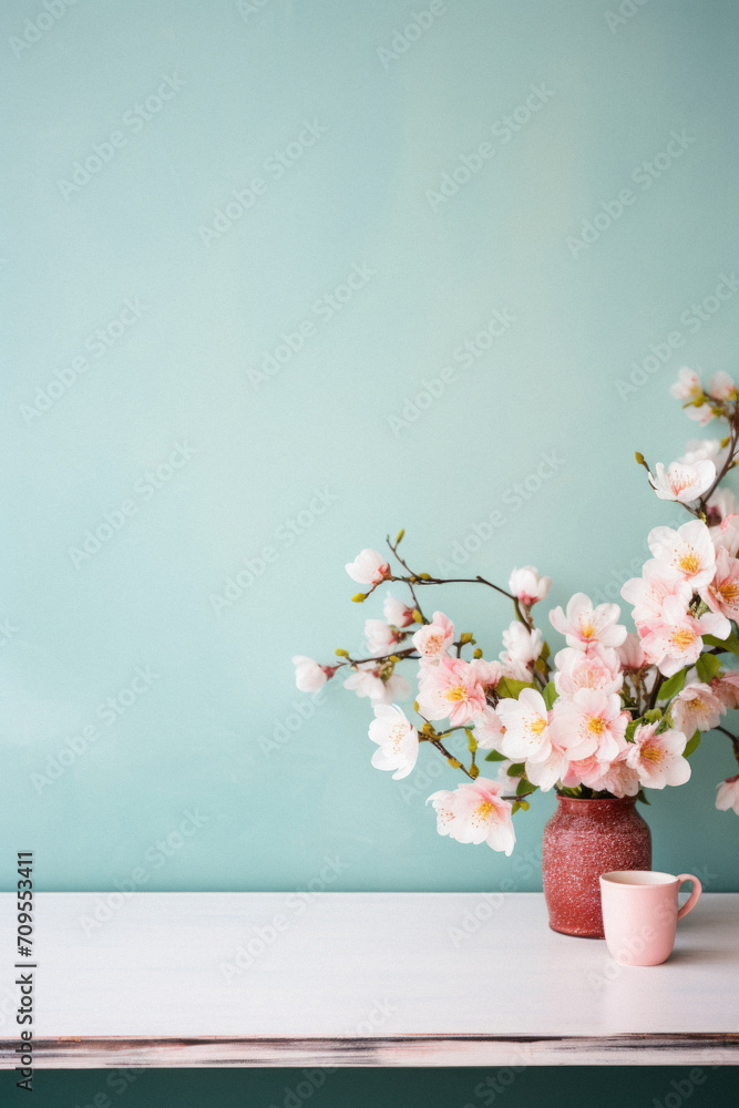 Coffee cup and cherry blossom in vase on table.