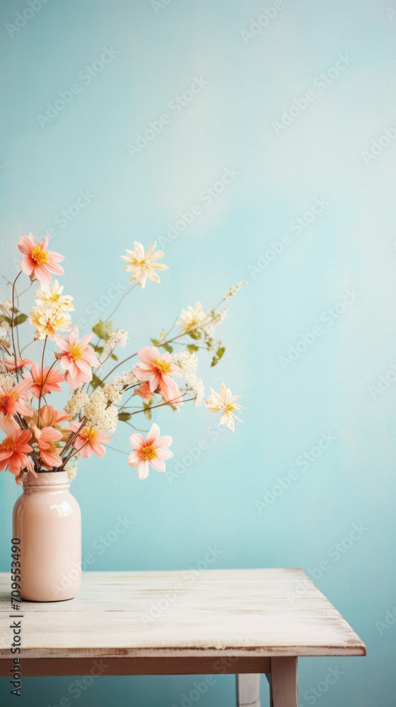 Vase with beautiful dahlia flowers on table against blue background.