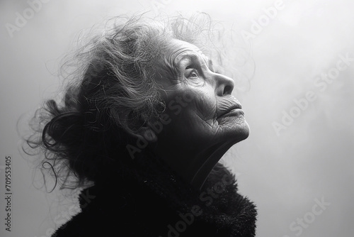 Black and white portrait of an elderly woman close-up on a gray background side view.