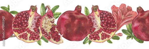 Pomegranate Border Watercolor illustration. Hand drawn pattern isolated on white background. Drawing of food and flowers for frame and banner template. Botanical painting of garnet Fruit