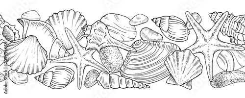 Seashell seamless Border. Vector outline illustration. Hand drawn pattern of Sea frame. Linear drawing on isolated white background. Black contour line art of nautical ornament. For bathroom textile