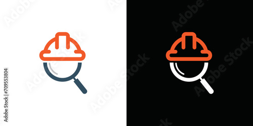 magnifying glass with safety helmet. construction worker search design. logo for recruiting construction workers