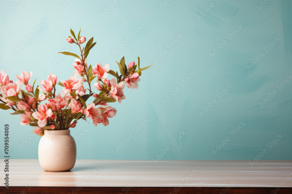 Vase with beautiful flowers on table against turquoise background. Vase with beautiful flowers on table against turquoise background.