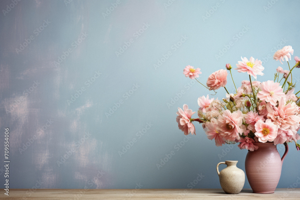 Bouquet of pink flowers in vase on wooden table and blue wall background.