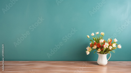 White tulips bouquet in vase on wood table and green wall background.