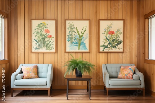 paneled wood walls with botanical art