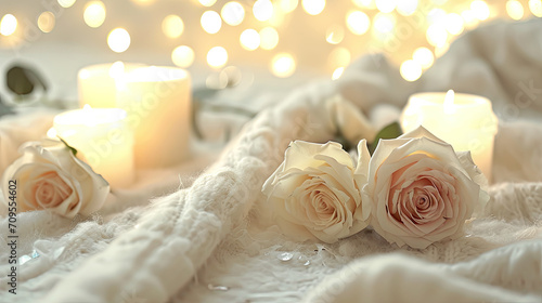 a white blanket with roses and candles , valentines day