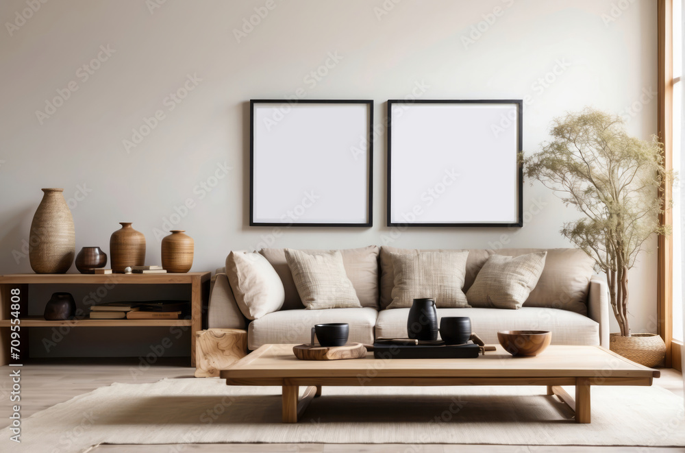 Fototapeta premium Square coffee table near white sofa and rustic cabinets against white wall with two blank poster frames mock up with copy space. Japanese home interior design of modern living room