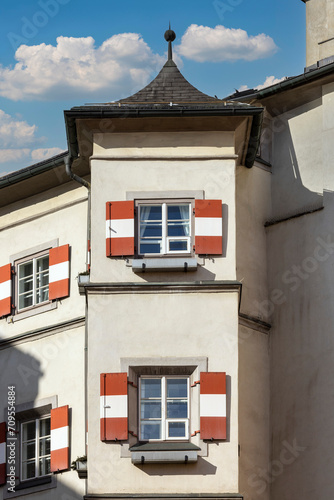 Ottoburg also called Otto Castle many bay windows and red and white painted shutters, Innsbruck, Austria