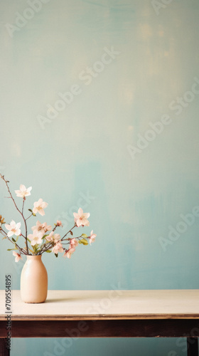 Cherry blossom in vase on table with blue wall background. © Synthetica