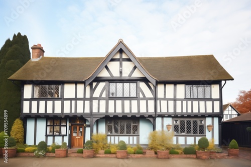 tudor house with halftimbered walls and steeply pitched roof photo