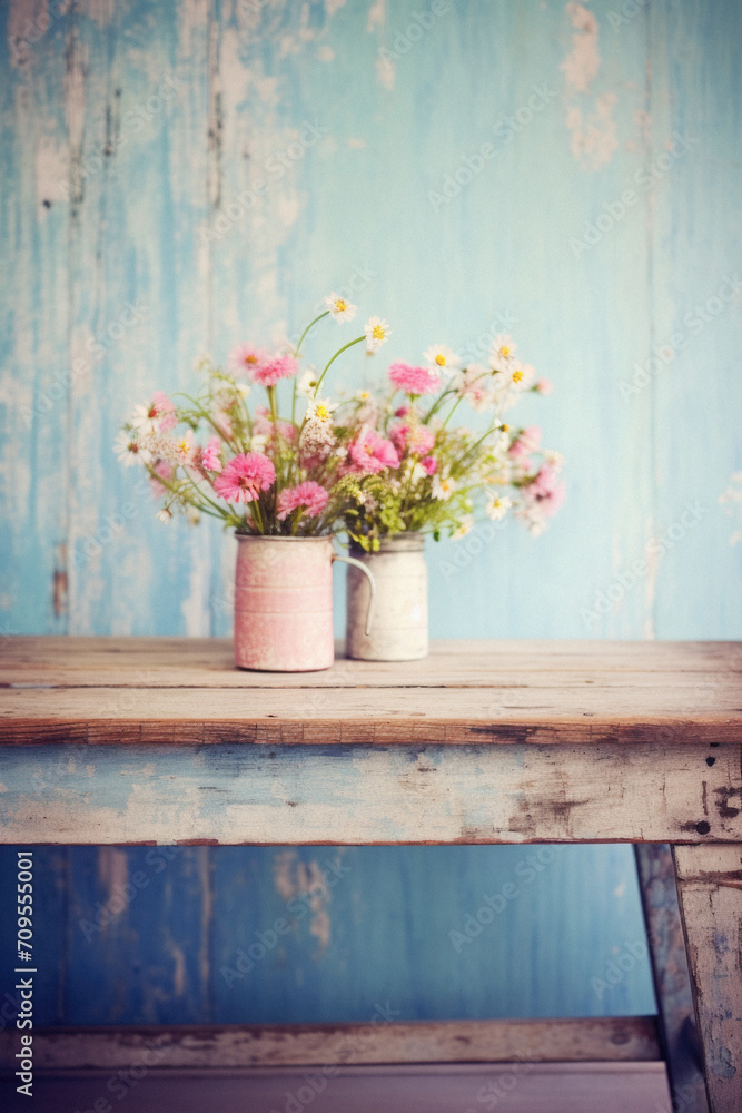 Fototapeta premium Vase of wildflowers on wooden table with blue wall background.