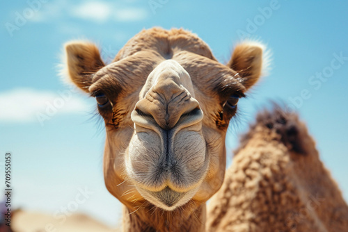 Friendly Camel Close-up Desert Backdrop Blue Sky