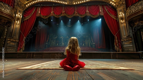  A portrait of a young girl in a theater or opera with red chairs