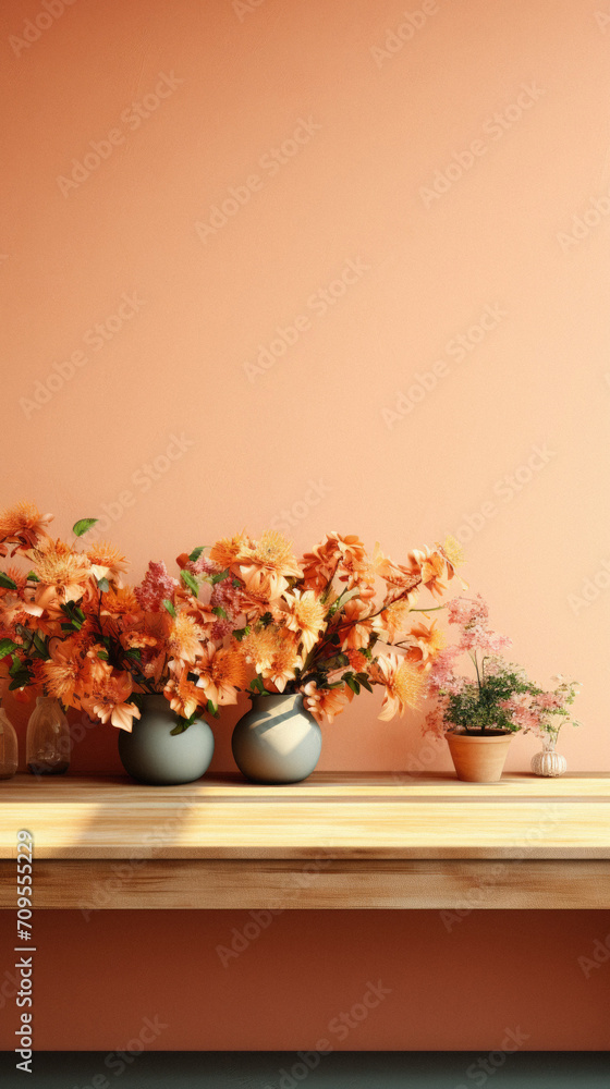 Bouquet of beautiful flowers in vases on table near color wall.