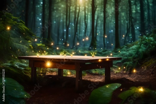 An enchanting wooden table nestled in a mystical forest, the bokeh background resembling a fairytale, with magical lights and fireflies dancing around