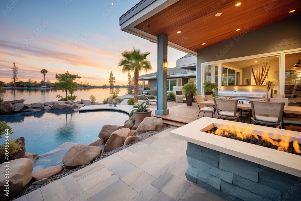 Obraz premium sunsetlit patio with fire pit near waters edge