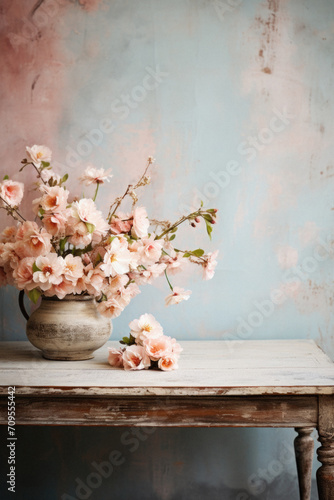 Vase with cherry blossom flowers on old wooden table over blue wall.