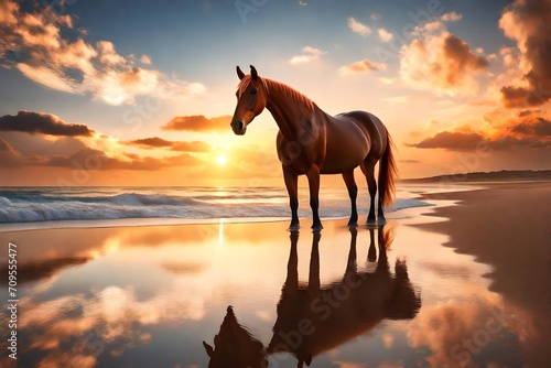 A brown horse standing on top of a sandy beach under a cloudy blue and orange sky with a sunset © Beauty