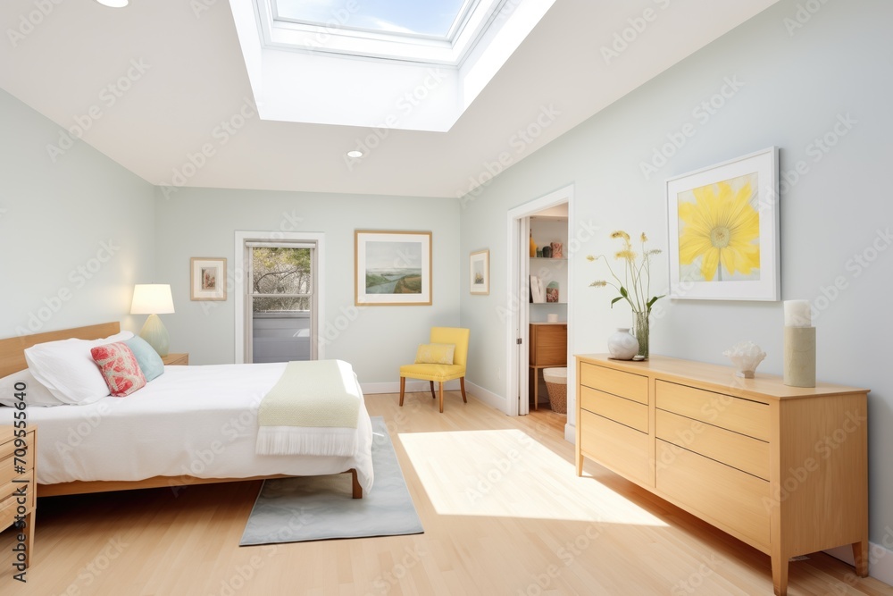 bright bedroom in saltbox house with skylights