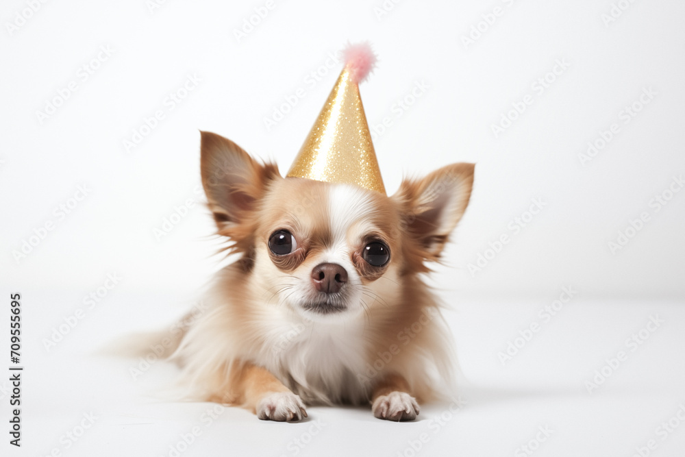 chihuahua dog wearing a hat on white