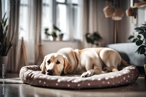 Cute Labrador dog with toy lying on pet bed in living room-
