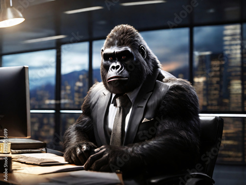 gorilla wearing suits in an office buying stocks seated in front of a commanding monitor